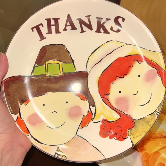 ❤️3/$25 8” Cute Boy & Girl Pilgrim Decorative Plate Thanksgiving Farmhouse Fall - Picture 4 of 7